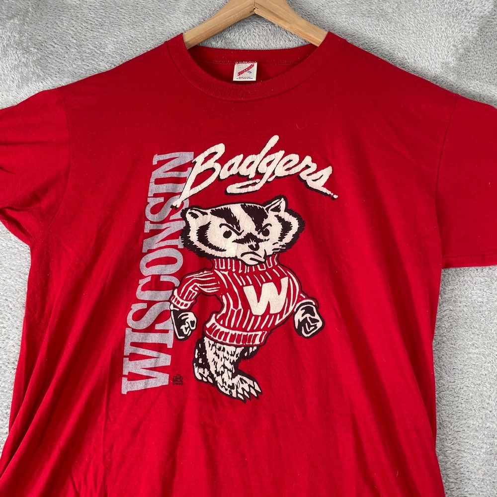 Vintage Wisconsin Badgers Shirt Mens XL Red 1990 Jerzees Single Stitch NCAA